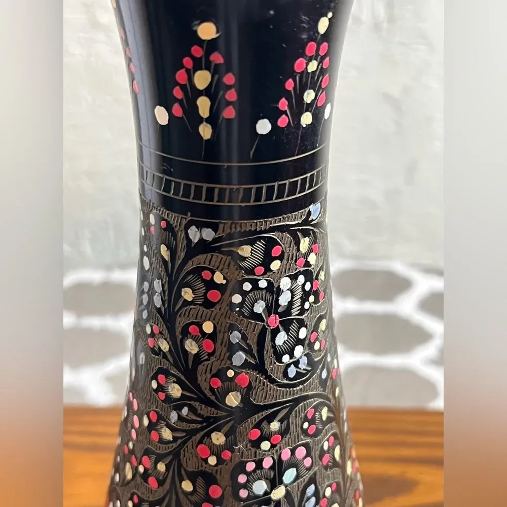 Vintage Black and Etched Brass Vase w enameled colorful painting, unique decor